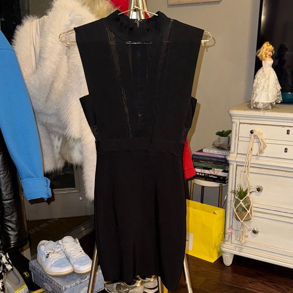 bebe Black Mini Dress Fitted Flattering Mesh on chest & back cocktail attire XS - Picture 4 of 16